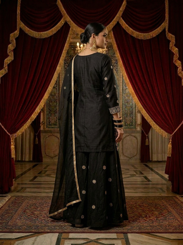 Neerus Maroon silk hand embroidered suit set - back view