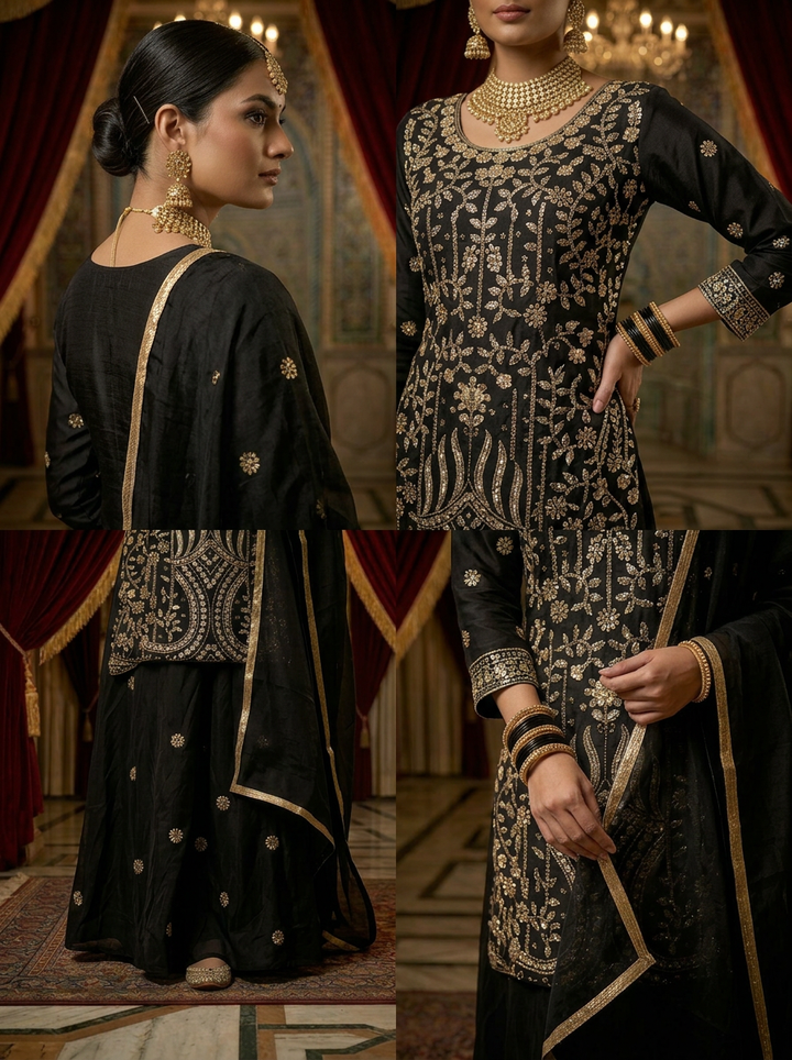 Neerus Maroon silk hand embroidered suit set - side view