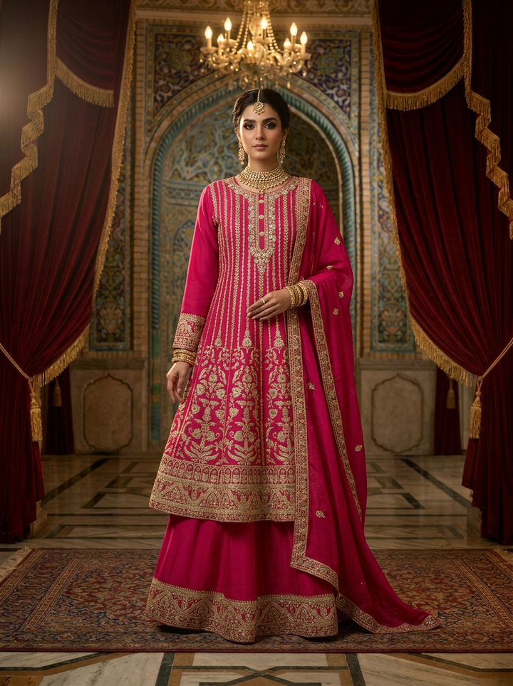 Neerus Pink Chinon hand embroidered sharara suit set - front view