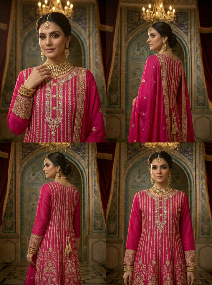 Neerus Pink Chinon hand embroidered sharara suit set - side view