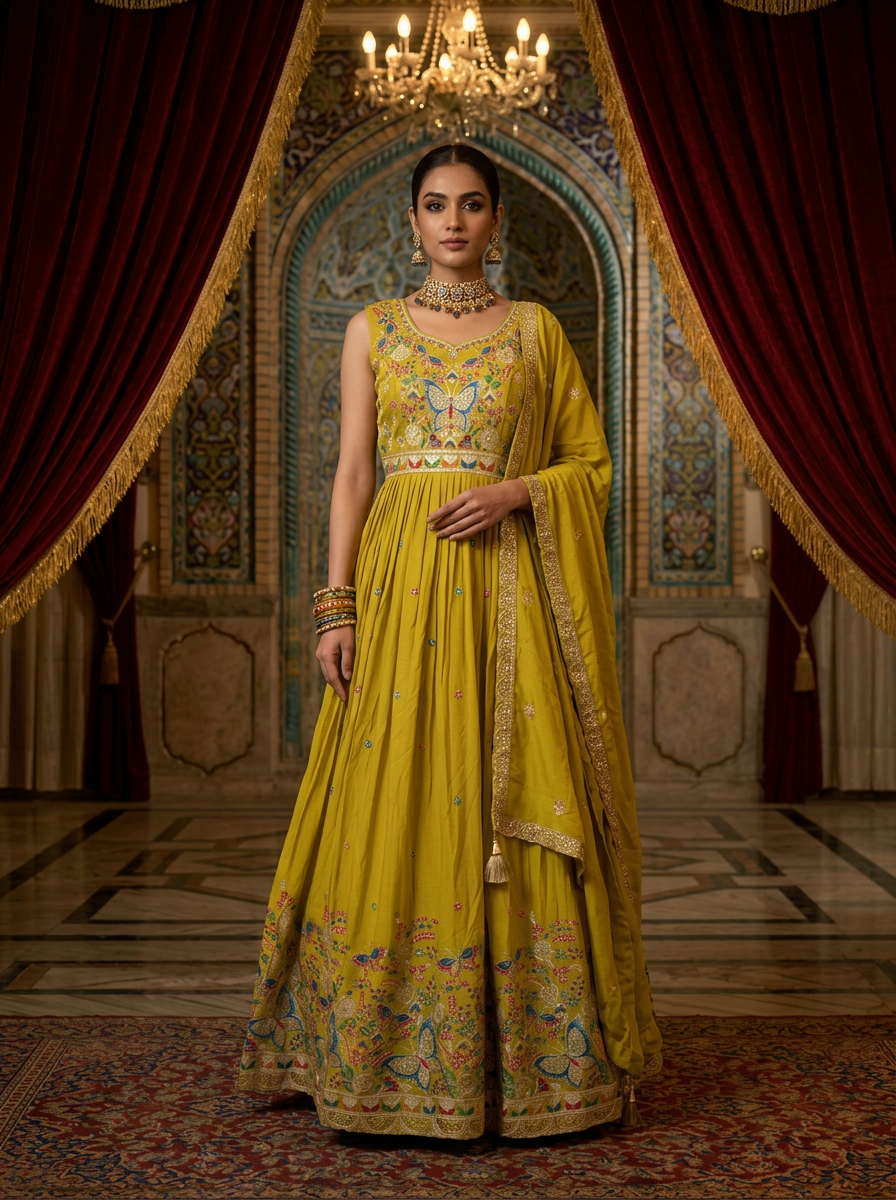 Neerus Green chinon thread embroidered Anarkali suit set - front view