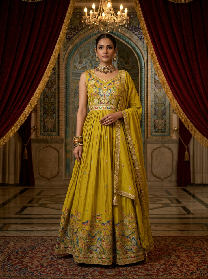 Neerus Green chinon thread embroidered Anarkali suit set - front view