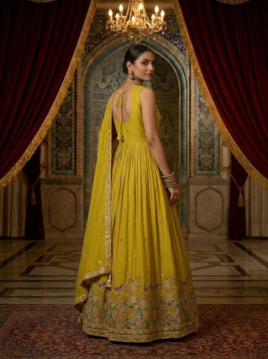 Neerus Green chinon thread embroidered Anarkali suit set - back view