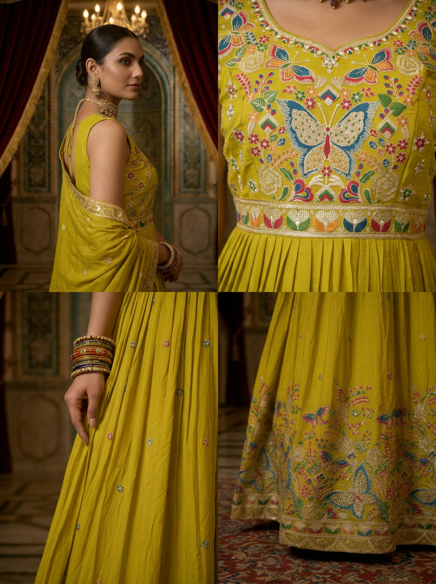 Neerus Green chinon thread embroidered Anarkali suit set - side view