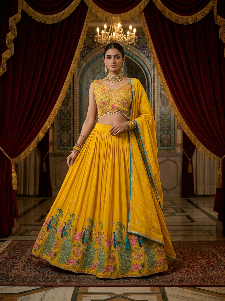 Neerus Yellow chinon hand embroidered lehenga set - front view