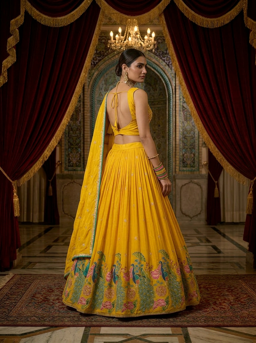 Neerus Yellow chinon hand embroidered lehenga set - back view