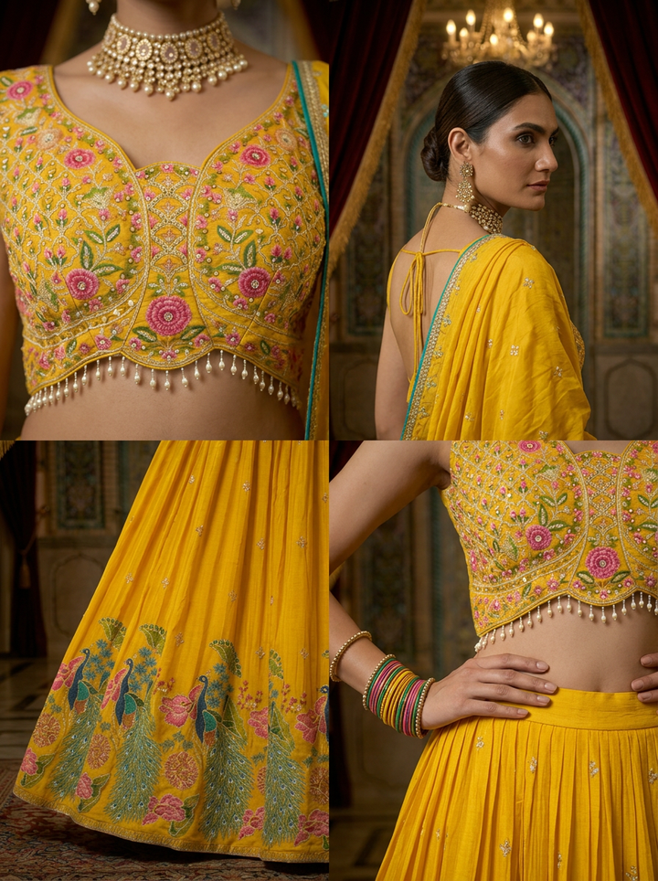 Neerus Yellow chinon hand embroidered lehenga set - side view