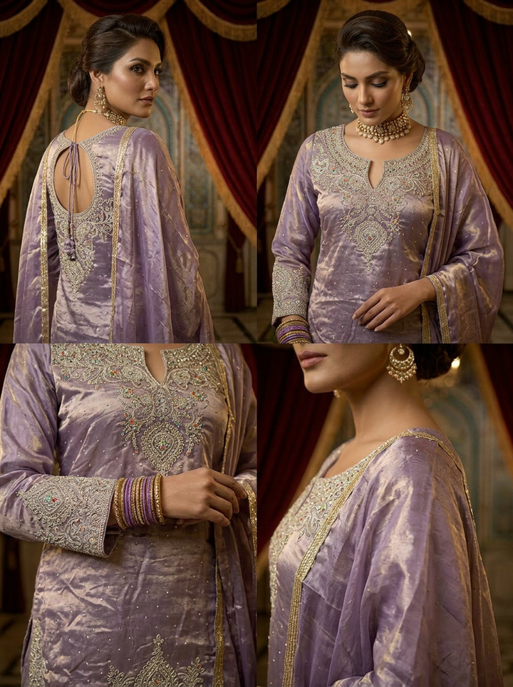 Neerus Purple silk hand embroidered suit set - side view