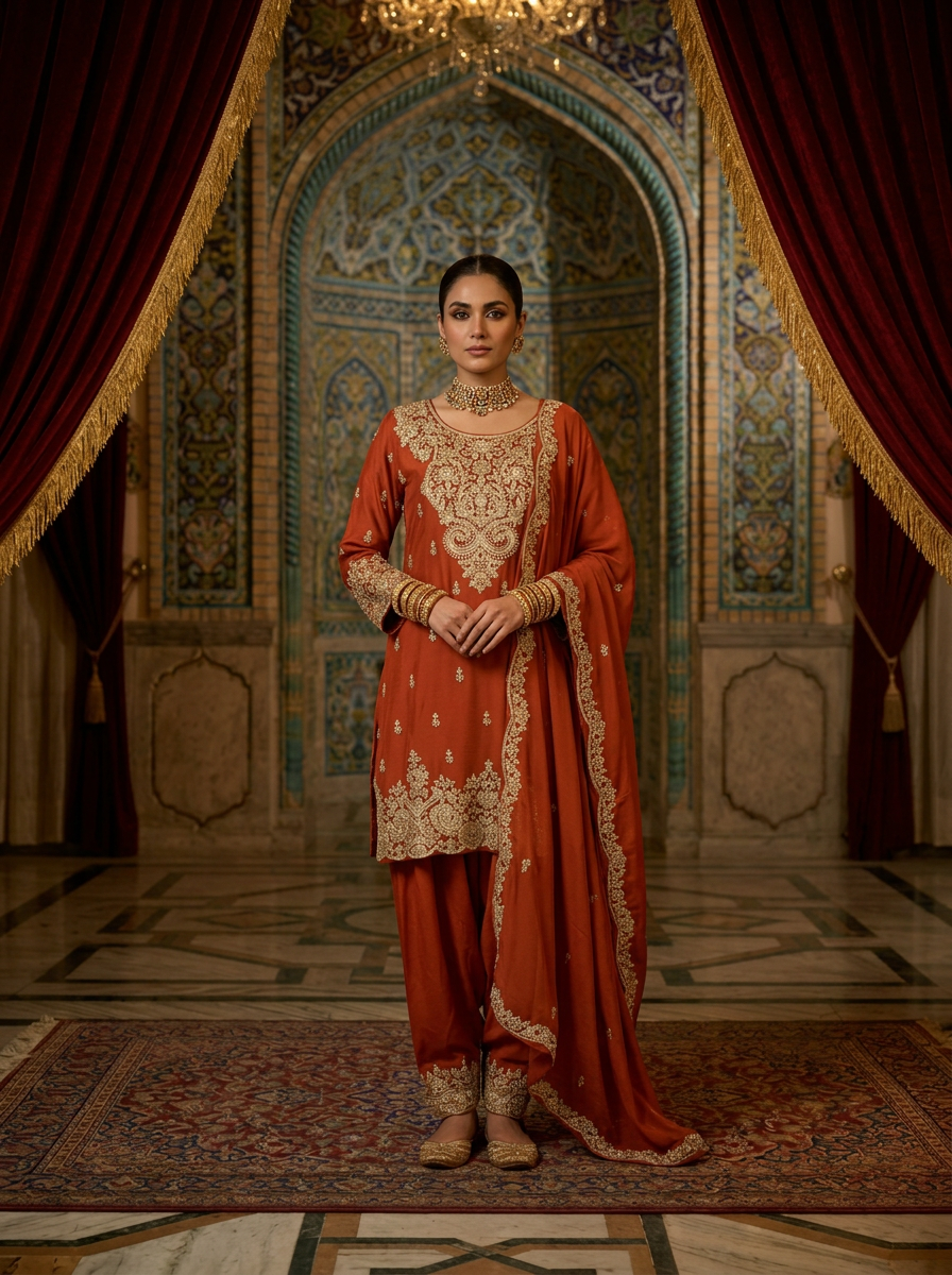 Neerus Orange chinon hand embroidered suit set - front view