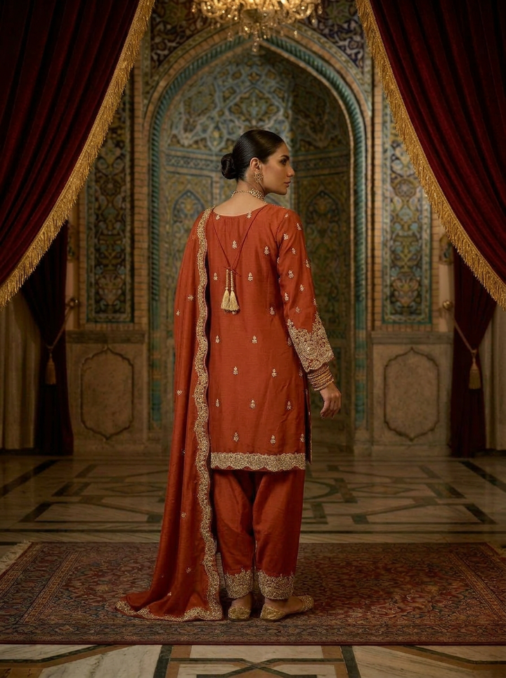 Neerus Orange chinon hand embroidered suit set - back view
