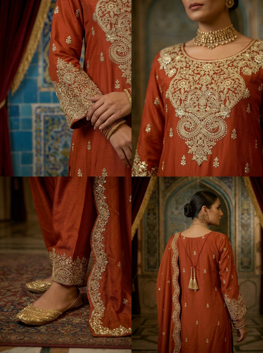 Neerus Orange chinon hand embroidered suit set - side view