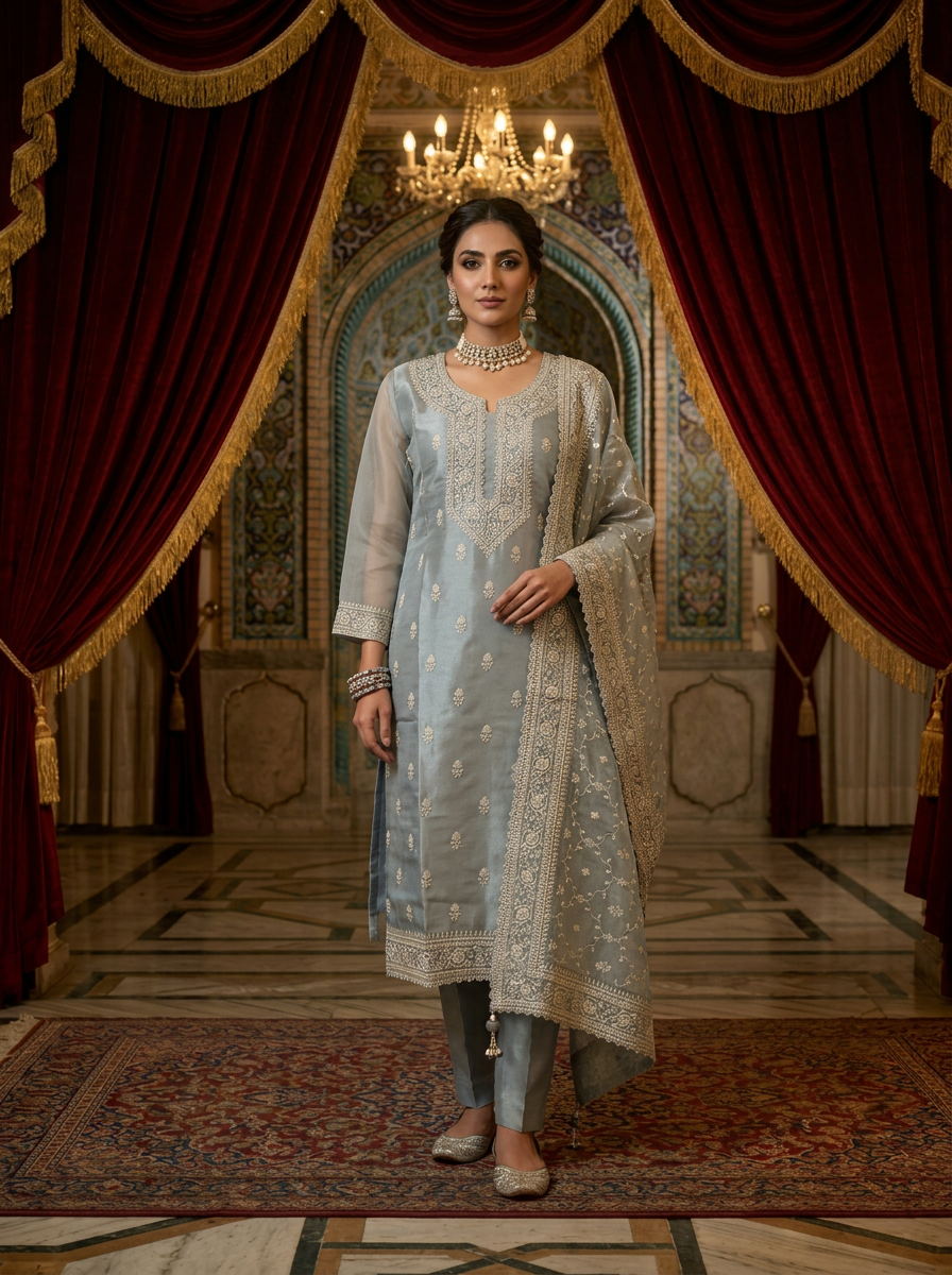 Neerus Blue tissue embellished suit set - front view