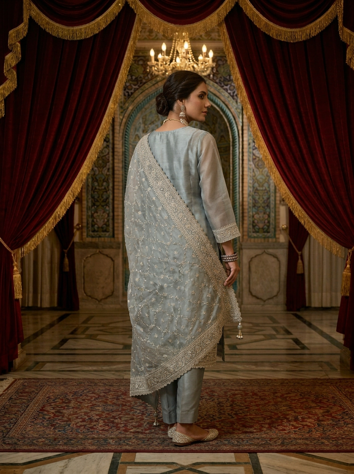 Neerus Blue tissue embellished suit set - back view