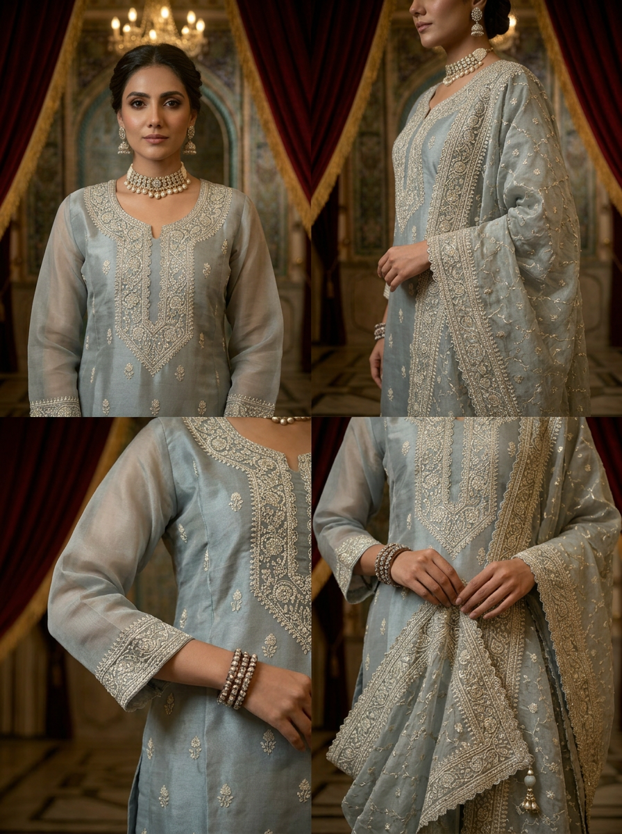 Neerus Blue tissue embellished suit set - side view