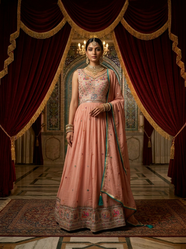 Neerus Pink chinon hand embroidered anarkali suit set - front view