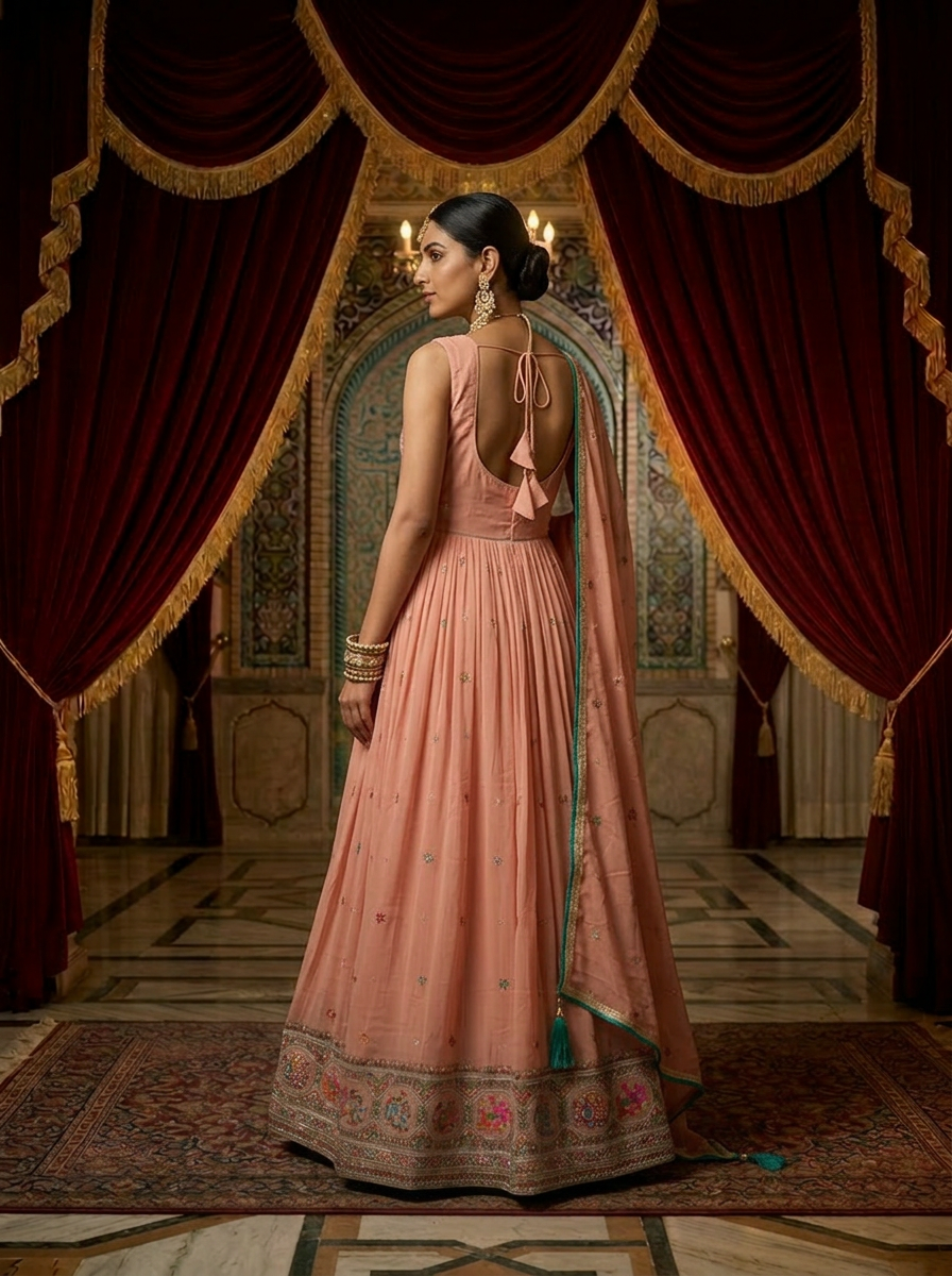 Neerus Pink chinon hand embroidered anarkali suit set - back view