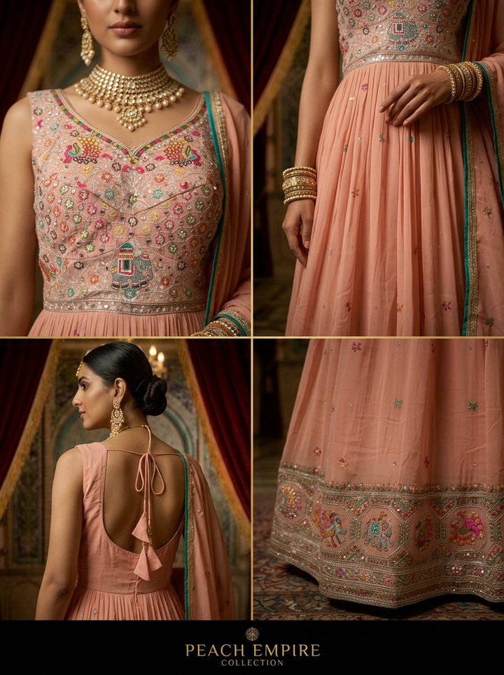 Neerus Pink chinon hand embroidered anarkali suit set - side view
