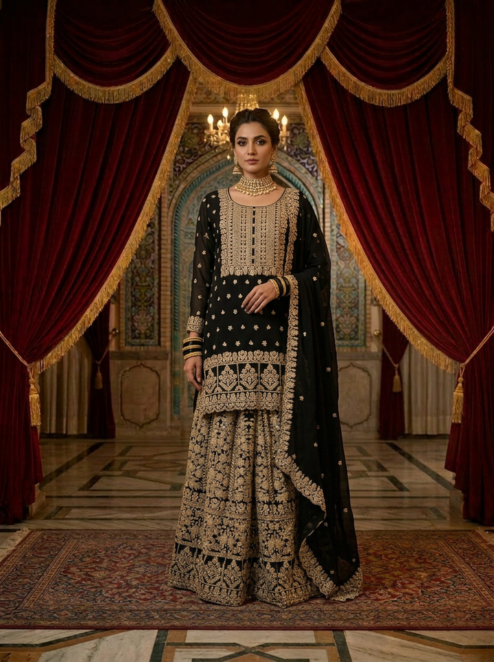 Neerus Black georgette embroidered suit set - front view