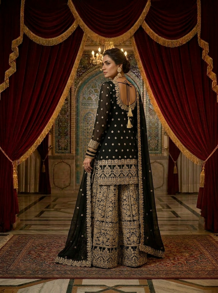 Neerus Black georgette embroidered suit set - back view