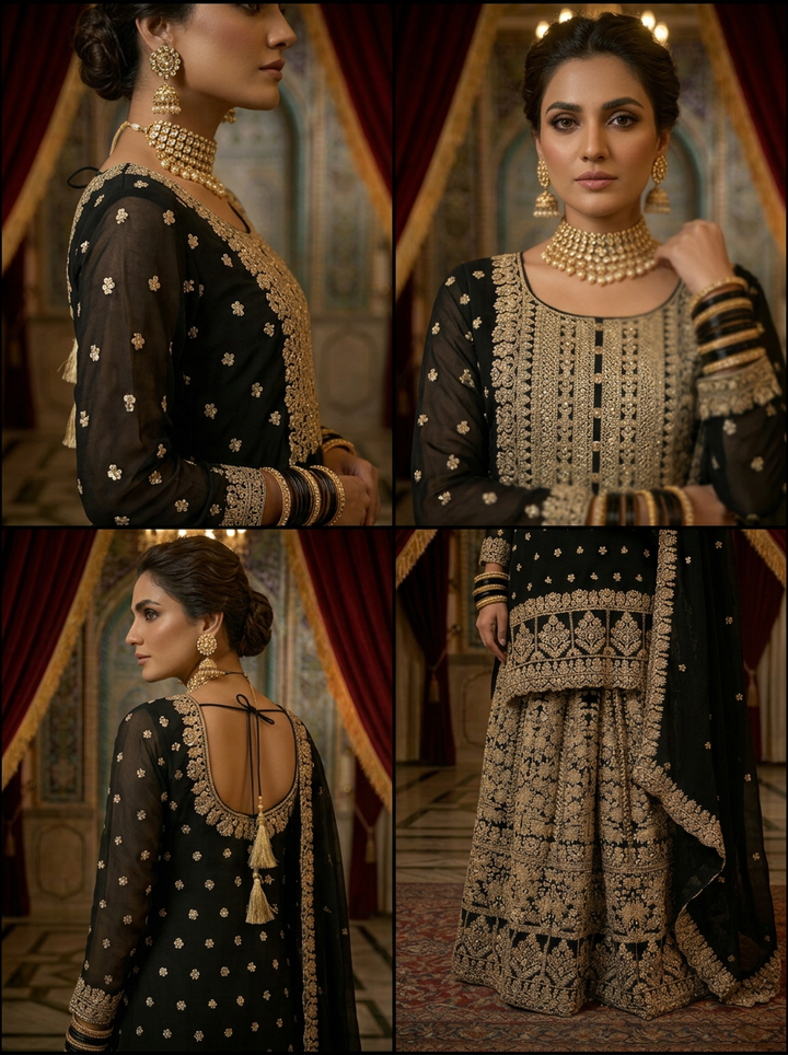 Neerus Black georgette embroidered suit set - side view
