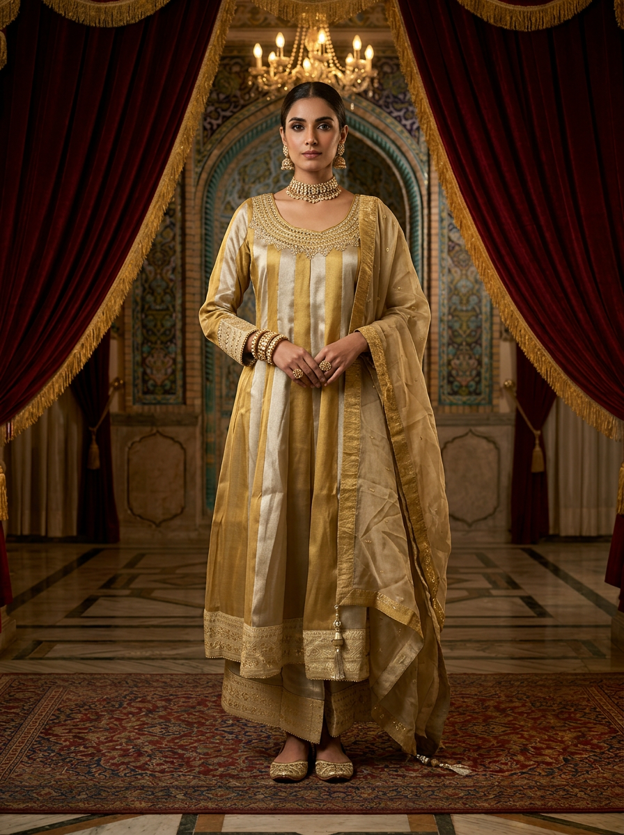 Neerus Gold tissue hand embroidered suit set - front view