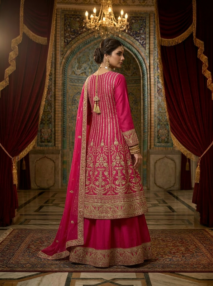 Neerus Pink Chinon hand embroidered sharara suit set - back view