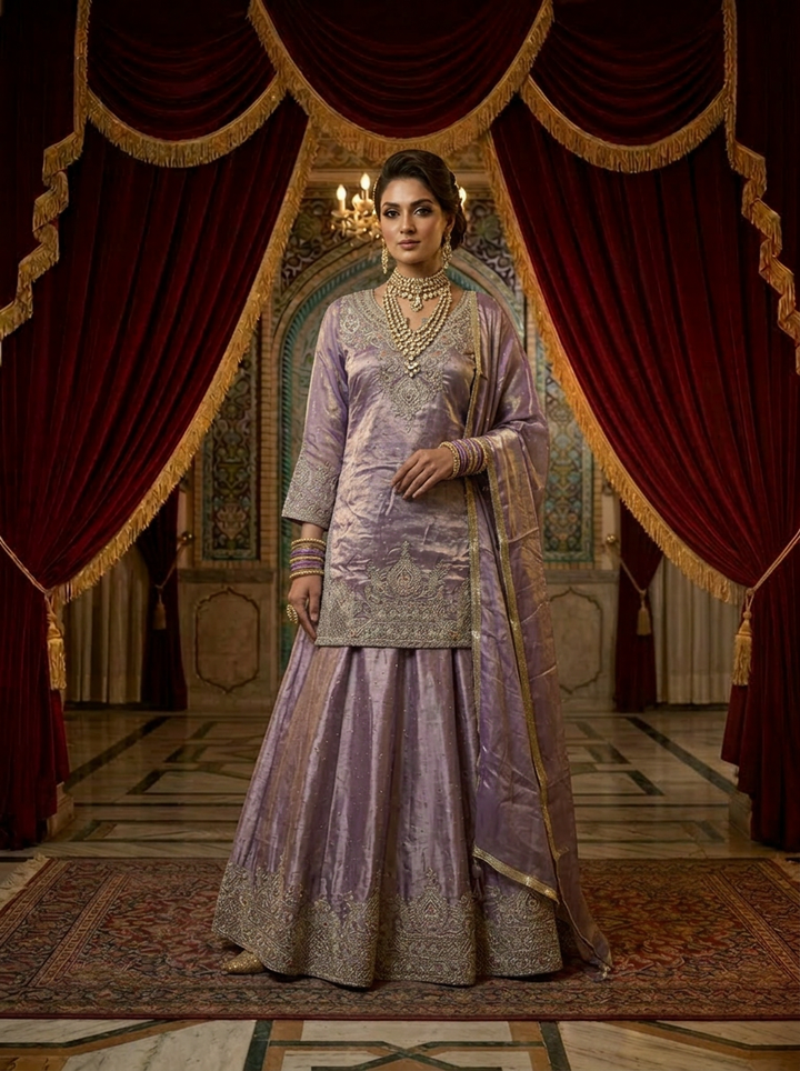 Neerus Purple silk hand embroidered suit set - front view