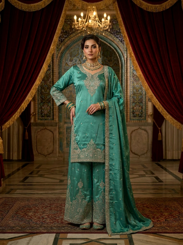 Neerus Green silk hand embroidered suit set - front view