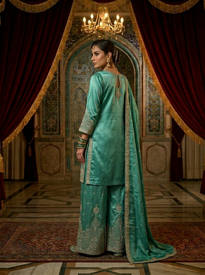 Neerus Green silk hand embroidered suit set - back view
