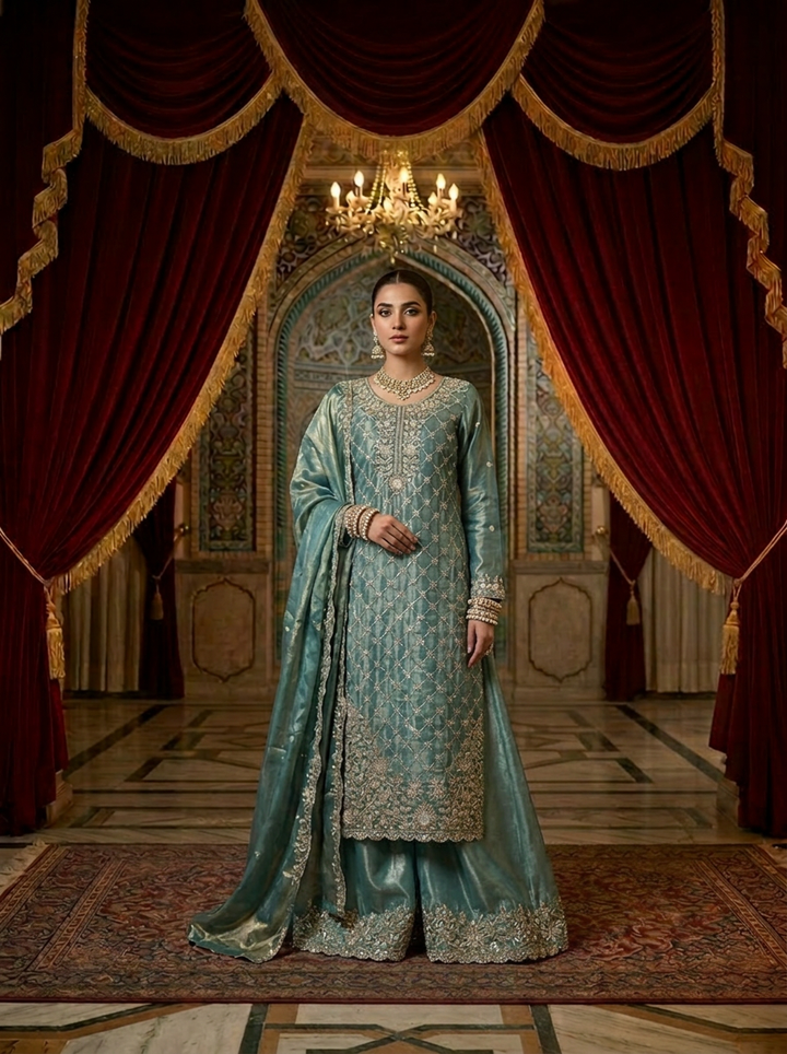 Neerus Blue silk hand embroidered suit set - front view