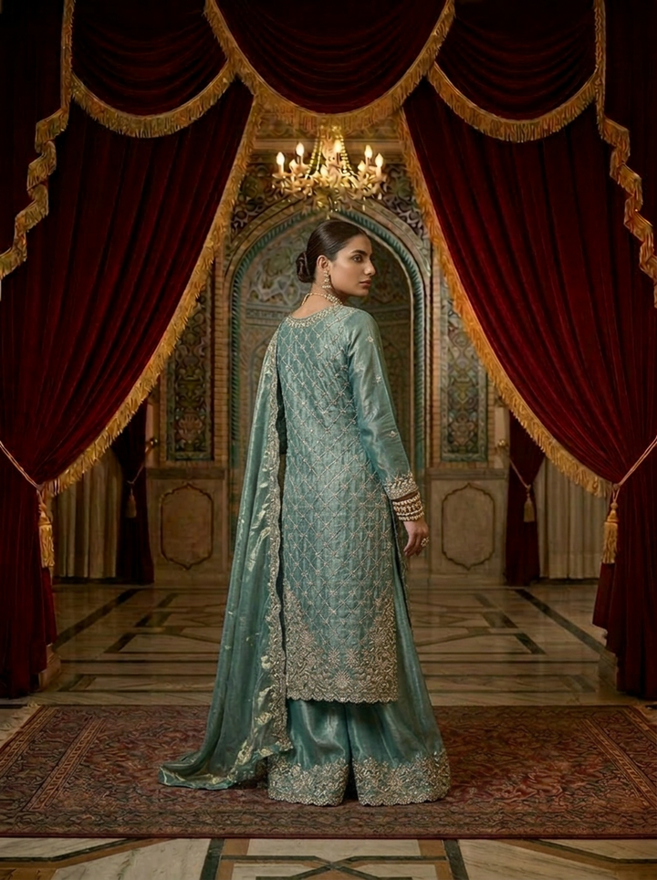 Neerus Blue silk hand embroidered suit set - back view