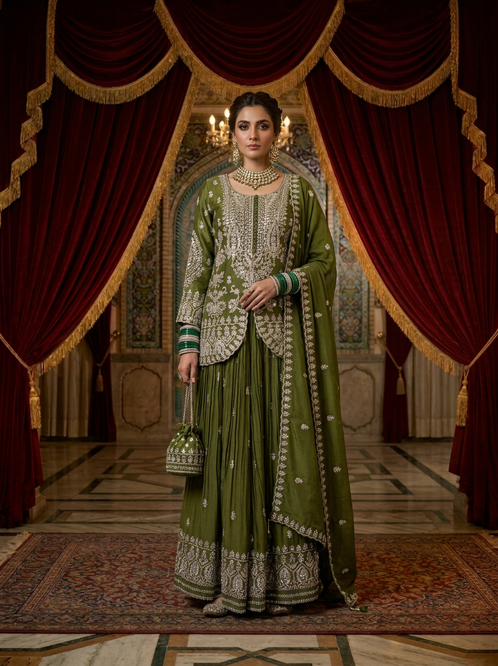 Neerus Green Chinon Straight Suit Set with Dupatta - front view