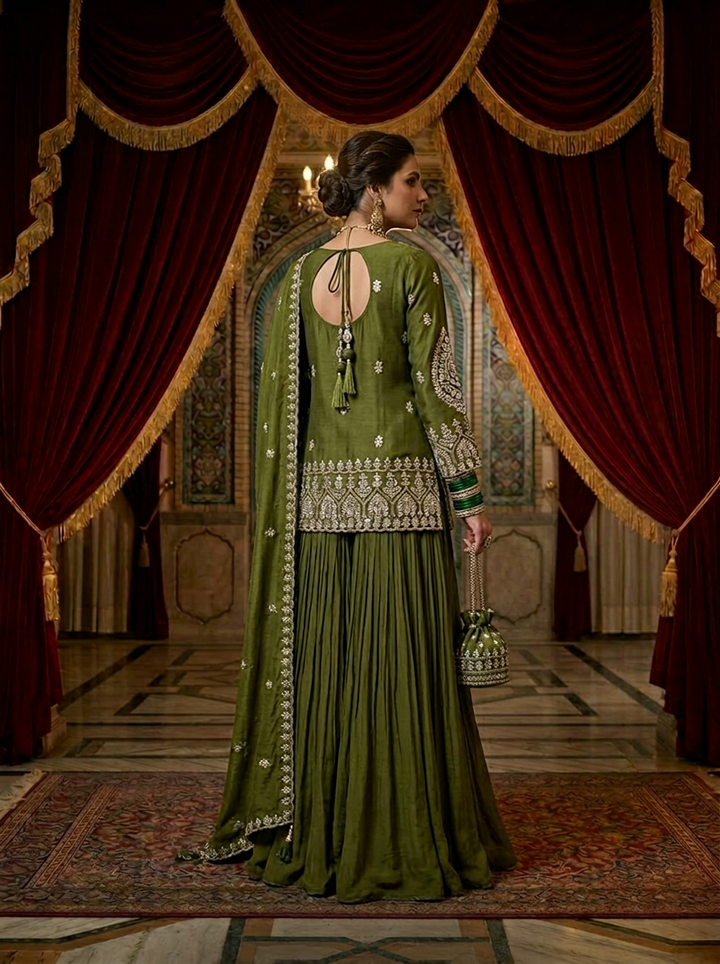 Neerus Green Chinon Straight Suit Set with Dupatta - back view