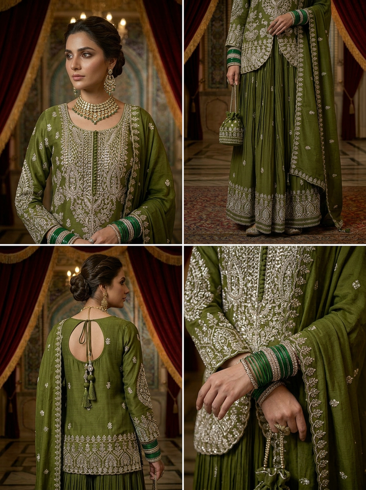 Neerus Green Chinon Straight Suit Set with Dupatta - side view