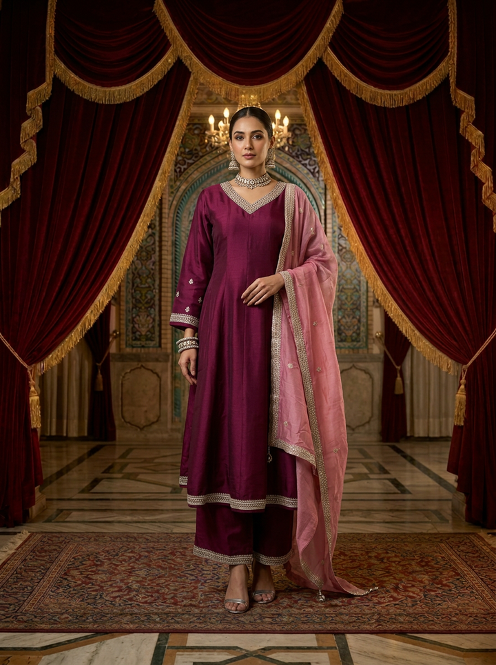 Neerus Maroon silk hand embroidered suit set - front view