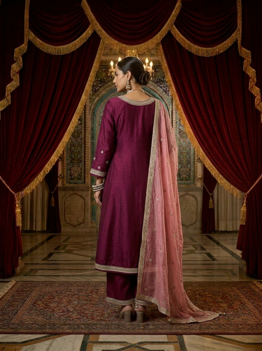 Neerus Maroon silk hand embroidered suit set - back view