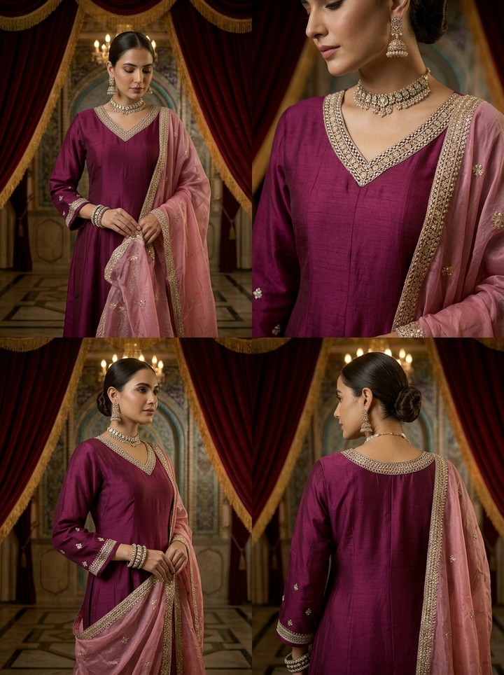 Neerus Maroon silk hand embroidered suit set - side view
