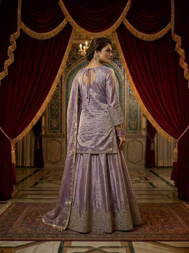 Neerus Purple silk hand embroidered suit set - back view