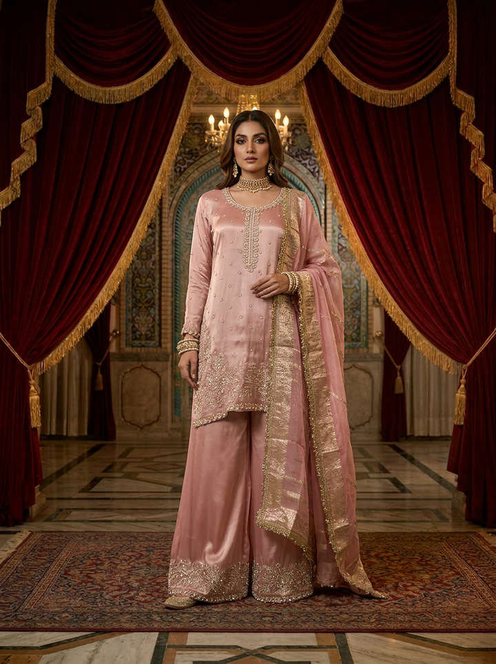 Neerus Pink tissue hand embroidered suit set - front view