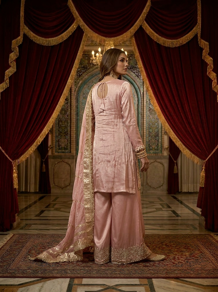 Neerus Pink tissue hand embroidered suit set - back view