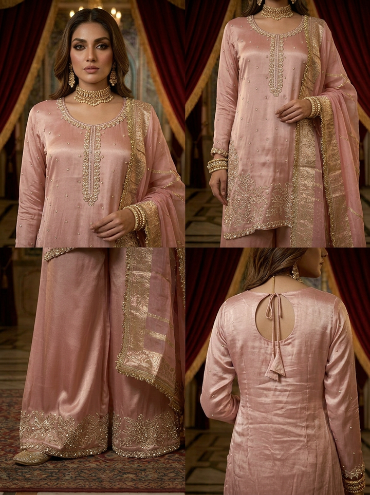 Neerus Pink tissue hand embroidered suit set - side view