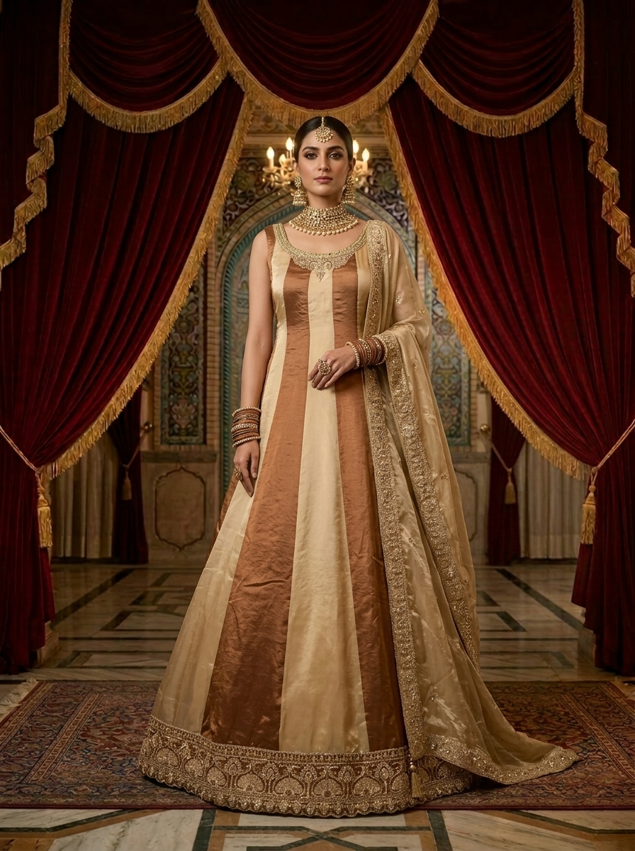 Neerus Beige silk embroidered Anarkali suit set - front view