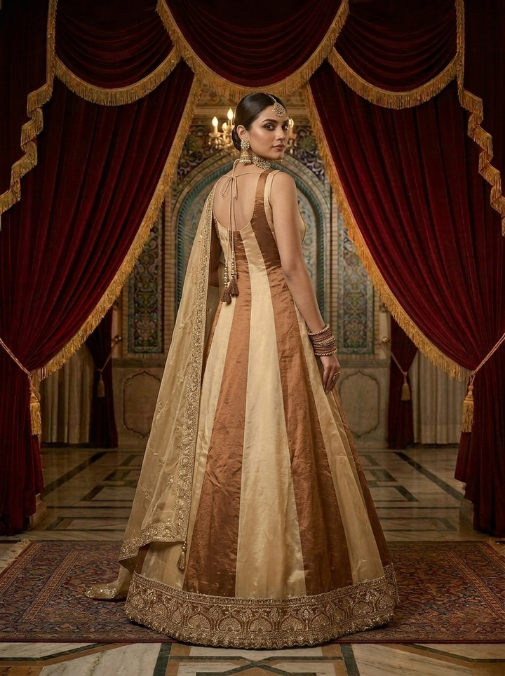 Neerus Beige silk embroidered Anarkali suit set - back view