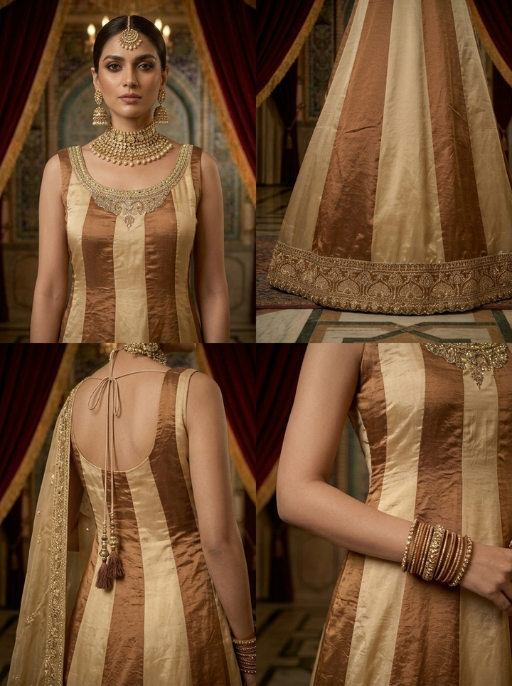 Neerus Beige silk embroidered Anarkali suit set - side view