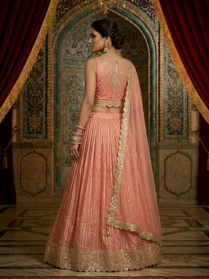 Neerus Pink tissue embellished lehenga set - back view