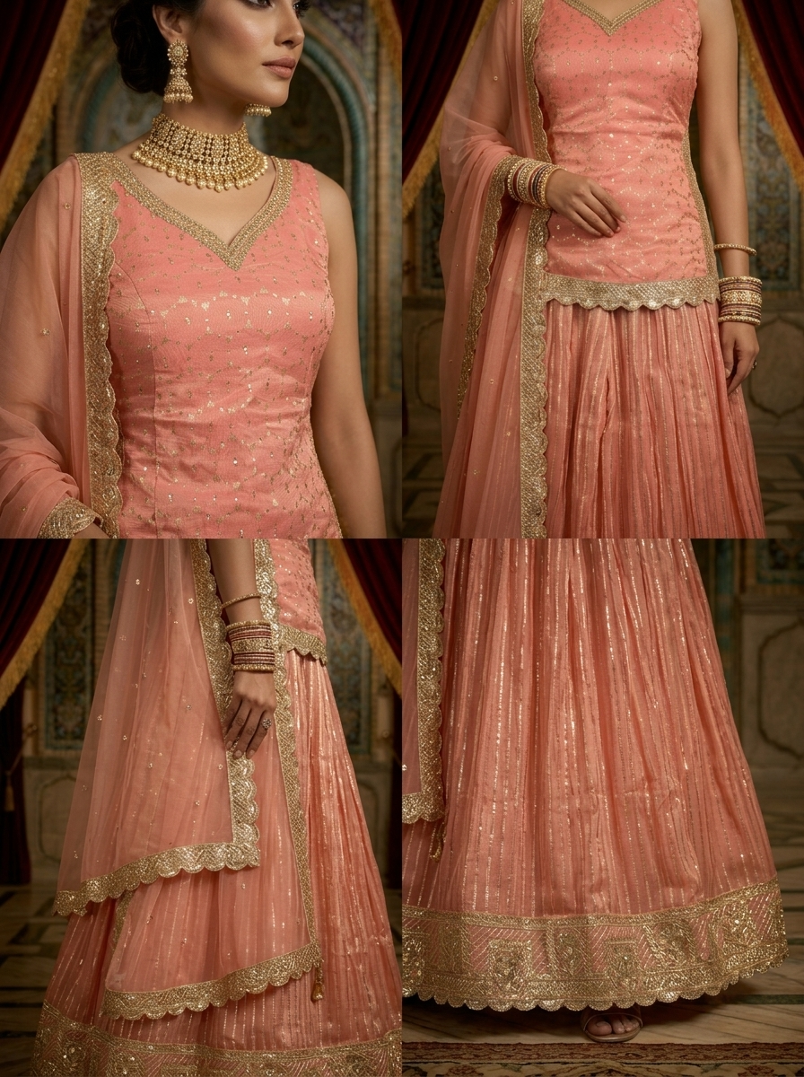 Neerus Pink tissue embellished lehenga set - side view