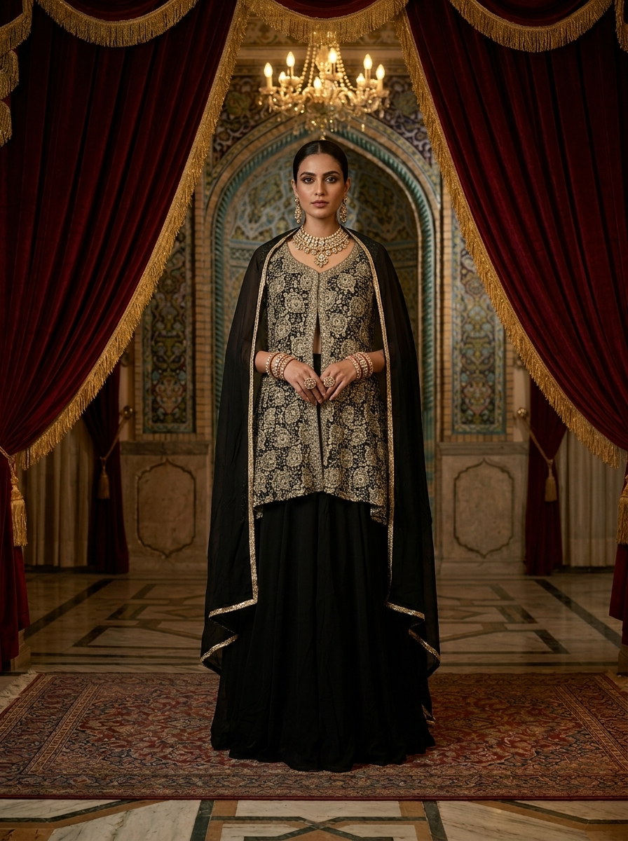 Neerus Black georgette hand embroidered suit set - front view