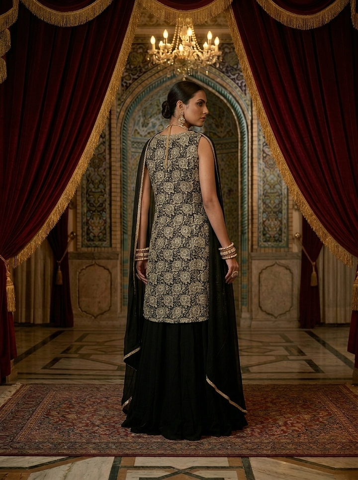 Neerus Black georgette hand embroidered suit set - back view