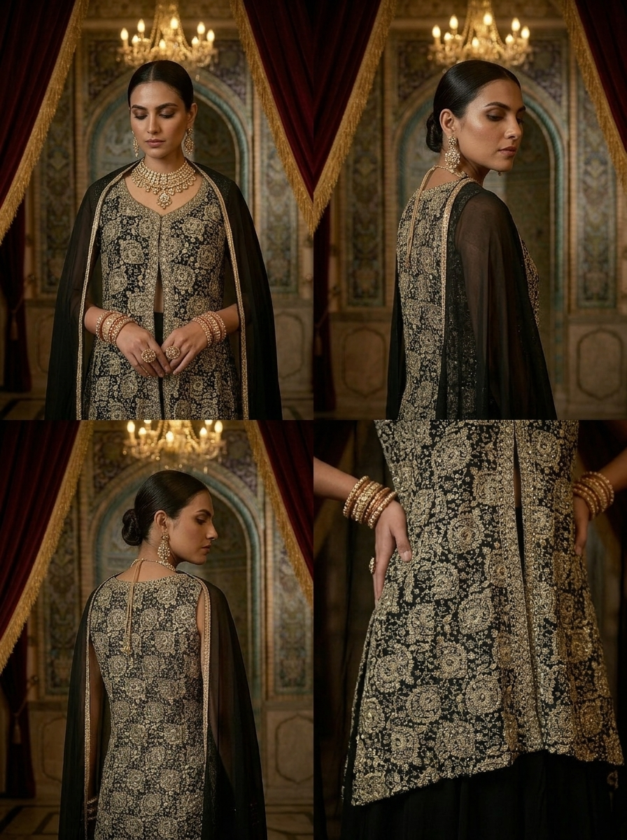 Neerus Black georgette hand embroidered suit set - side view