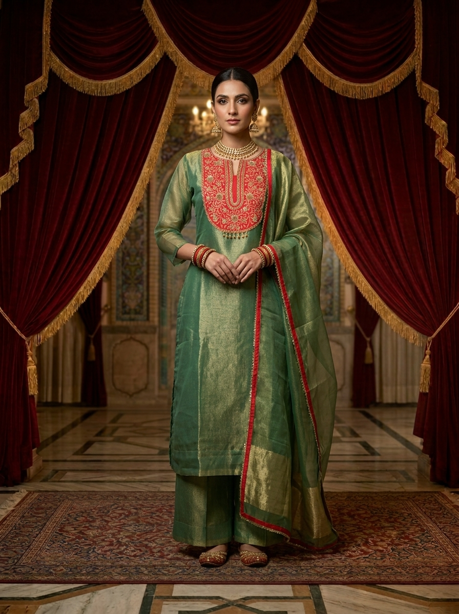 Neerus Green tissue embroidered suit set - front view